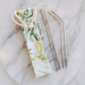 Stainless Steel Drinking Straws and Brush Set with Organic Cotton Pouch