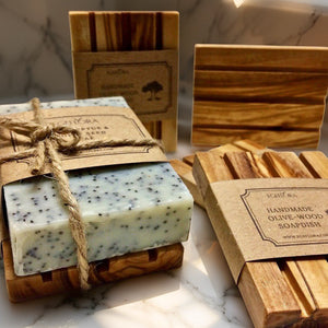 Bath Set ; Natural Handmade Soap & Olive Wood Soap Dish / Deck
