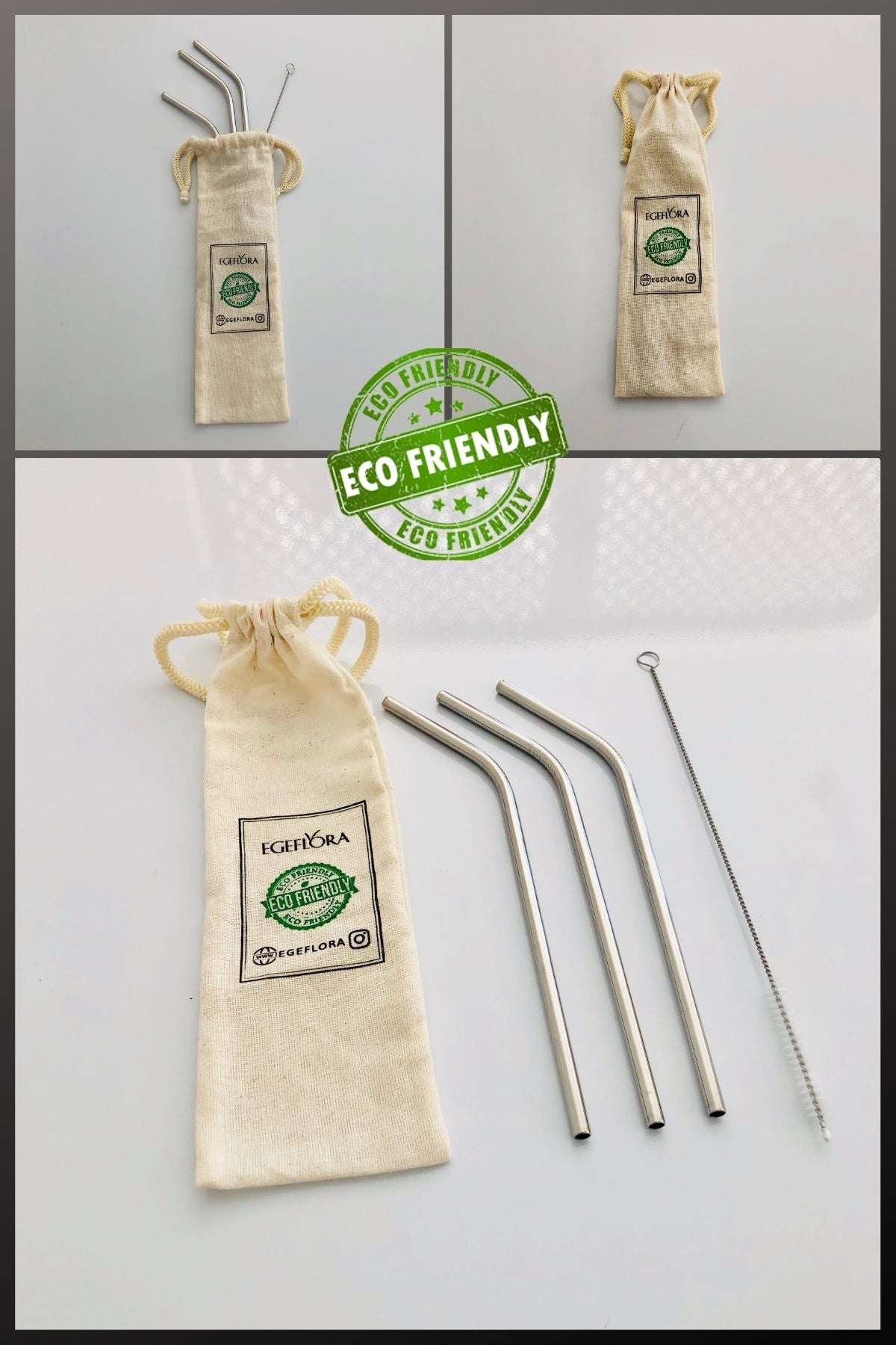Stainless Steel Drinking Straws and Brush Set with Organic Cotton Pouch